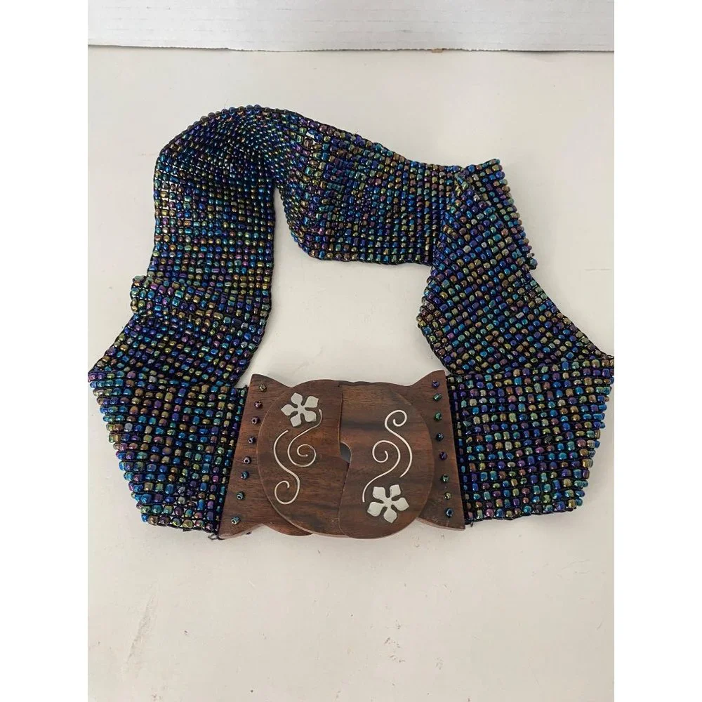 Handmade seed beaded belt stretchy multicolor inlaid‎ wood floral 2.5